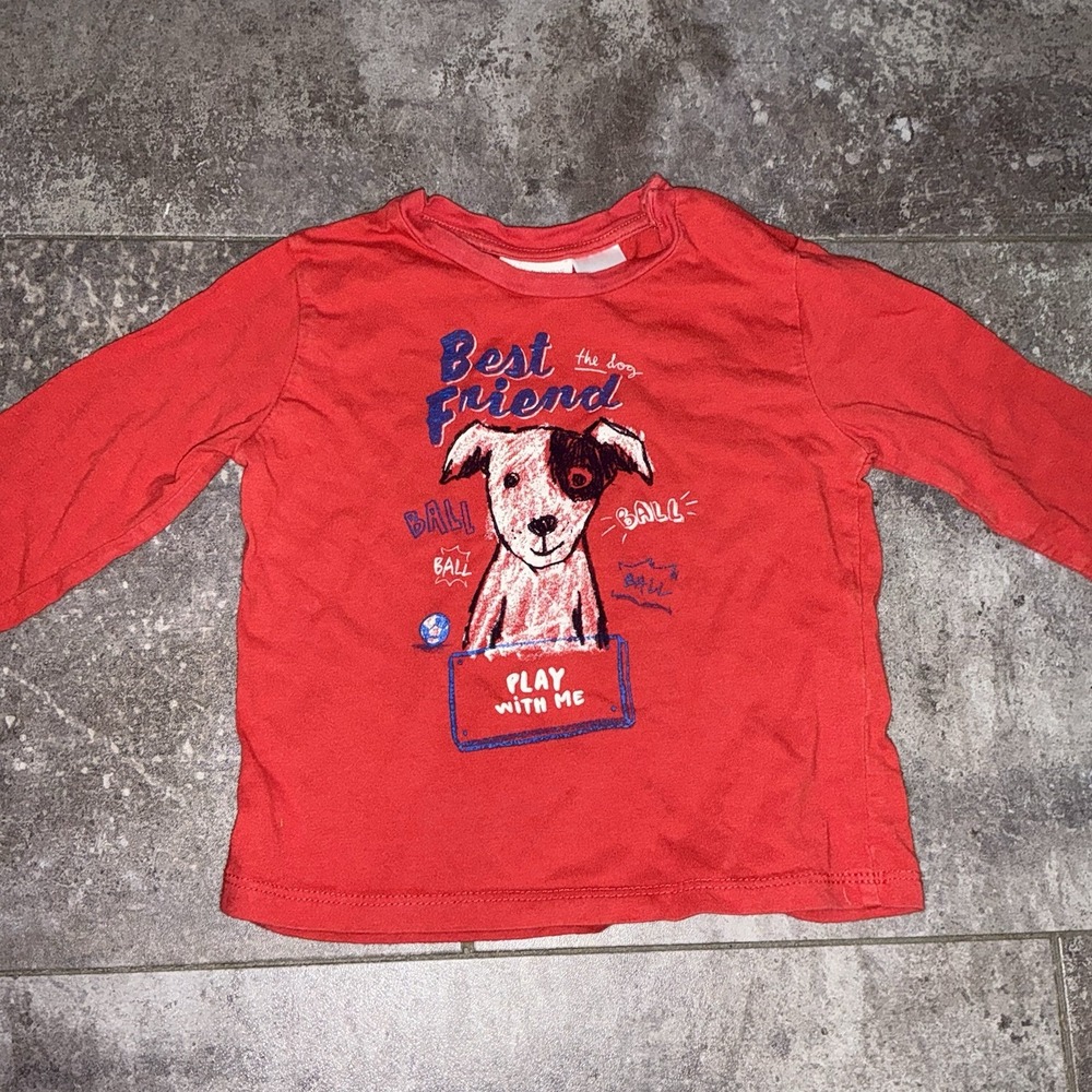 ZARA Unisex Boy toddler Baby Dog Puppy Red‎ Long Sleeve Shirt Size 12-18 months
